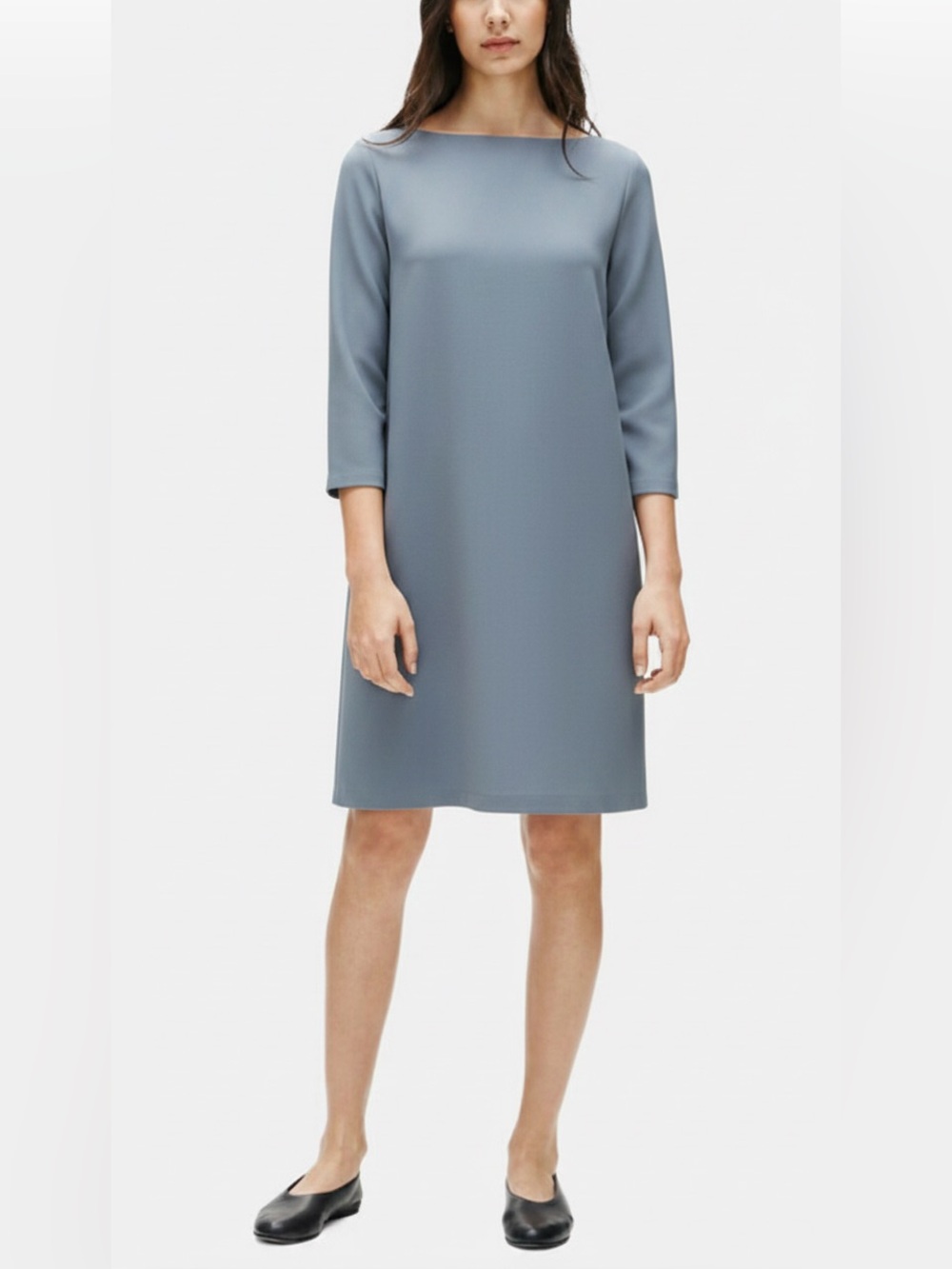 Eileen Fisher Washable Stretch Crepe Shift Dress Slate Blue Sz Small Petite USA